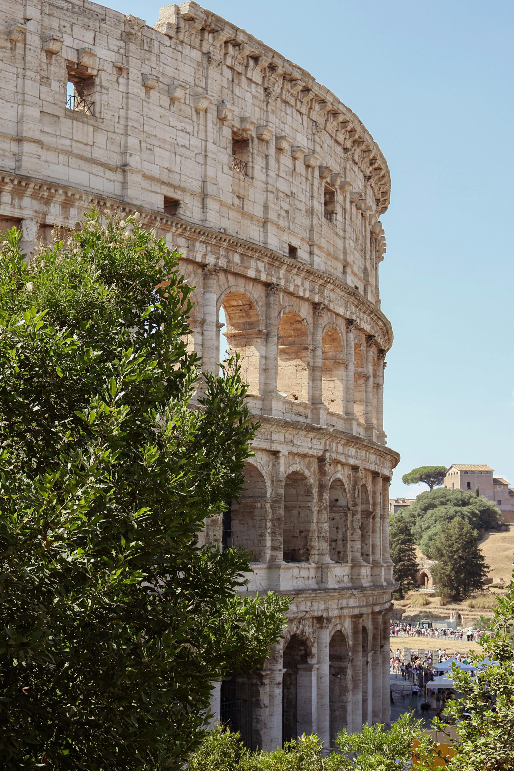 View of the iconic Colosseum in Rome, Italy surrounded by lush greenery under a clear sky.