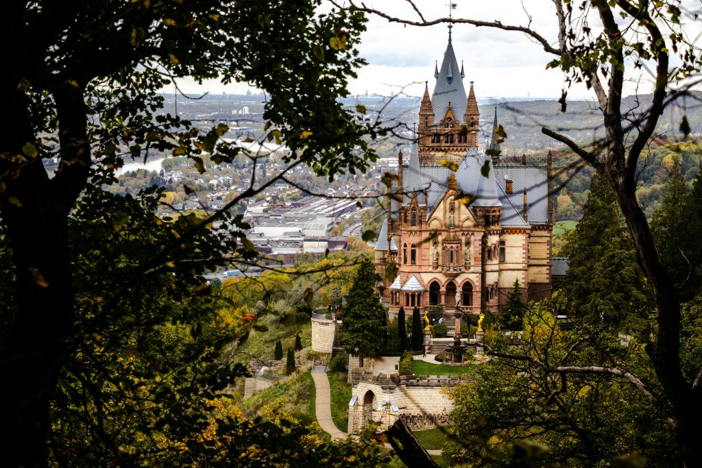 Stunning autumn view of Drachenburg Castle nestled in Königswinter, Germany.