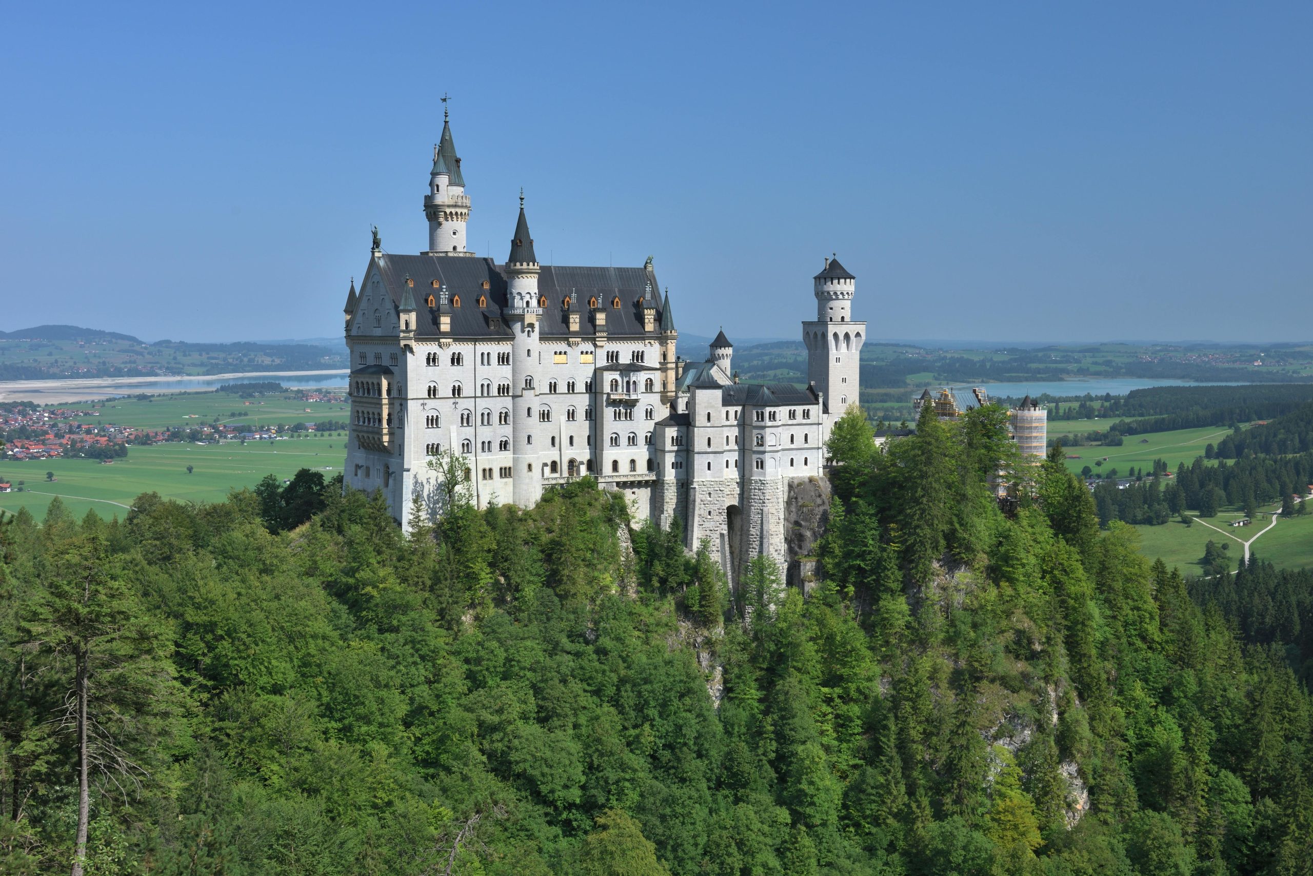 Majestic view of Neuschwanstein Castle surrounded by lush greenery in Bavarian countryside.